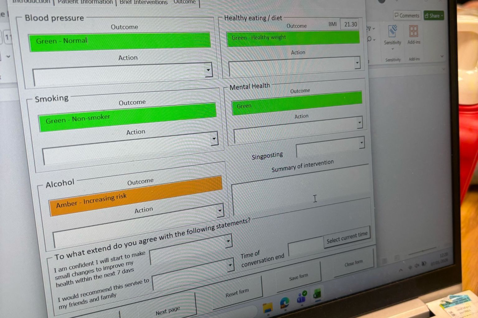 Screenshot of a health assessment tool displaying results for blood pressure, diet, smoking, mental health, and alcohol-related risks, with highlighted outcomes and action sections all in an Excel macro