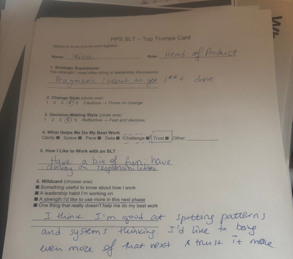 A handwritten top trump card for a team member named Irina, who is the Head of Product. The card includes sections on strategic superpower, change and decision-making styles, work preferences, and personal strengths.